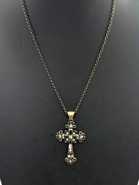 Lia Sophia Necklace Cross Filigree Antique Inspired Brass Tone 19 to 22 inches